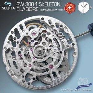 MOVEMENT AUTOMATIC SELLITA SW300 SKELETON RHODIUM compat ETA 2892-A2, SOP A10 - Picture 1 of 3