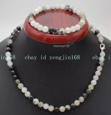 Moda 6/8/10mm Cuarzo Negro Rutilado Gemas Redondas Cuentas Collar Pulsera Conjunto Foto 1 de 4