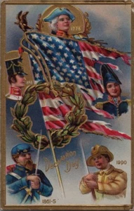 TARJETA POSTAL DEL DÍA DE LA DECORACIÓN - MILITARES DE EE.UU. DE 1776-1900 Y BANDERA AMERICANA andrajosa - Imagen 1 de 2