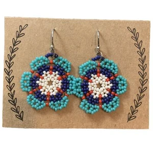 Huichol Flower Beaded Earrings Handmade Blue Purple Seed bead Dangle Jewely - Picture 1 of 2