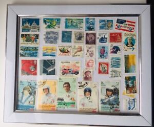 Collection Of US Postage Stamps &The World Racing 38 Stamps Framed 30x24 CM