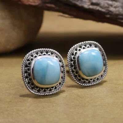 Gemelos naturales de plata esterlina con piedras preciosas Larimar joyas hechas a mano para hombre Foto 1 de 4
