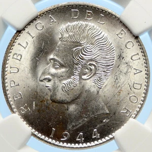 1944 Mo ECUADOR Antonio Jose de Sucre y Alcala Silver 2 Sucres Coin NGC i97520 - Picture 1 of 5