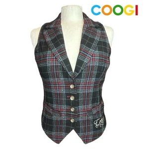 COOGI Gray Red Black CLASSIC Lined Womens PLAID VEST Wool Blend MEDIUM - Picture 1 of 9