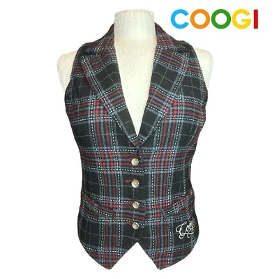 COOGI Gray Red Black CLASSIC Lined Womens PLAID VEST Wool Blend MEDIUM - Image 1 of 4