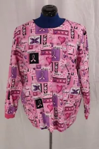 VTG HQ Scrub Top Women L Pink Breast Cancer Awareness Graphic Snap Double Pocket - Picture 1 of 10