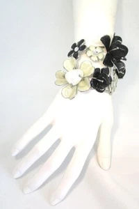 Silver Plate Cuff Bracelet w White and Smokey Quartz and Enamel 64.6 grams - Picture 1 of 5