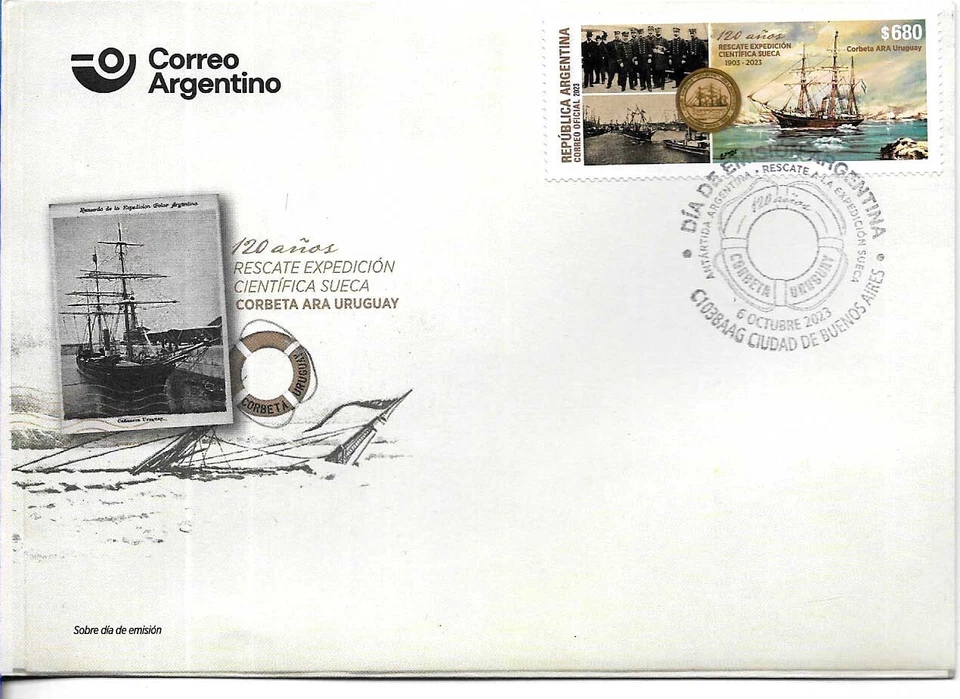 #75296 ARGENTINA 2023 BARCO RESCATE ANTÁRTICO POR CORBETA URUGUAY, PINTURA FDC Foto 1 de 1