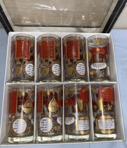 Jeannette Hiball Gläser Cocktail Rezepte rot gold 8 Stück 60er MCM Barware (ToteNNN) - Bild 1 von 8
