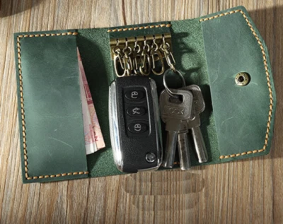 men women card wallet purse key case ring holder cow Leather pouch bag green 821 - Image 1 of 4