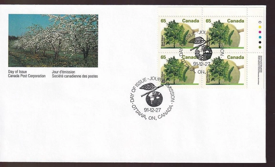 Canada FDC 1991 Fruit Tree 65¢ Black Walnut, UR inscription PB, sc#1367 - Image 1 of 1