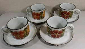 Set 4 VTG Stonehenge Midwinter Nasturtium Stoneware Mugs Cups Saucers England - Picture 1 of 9