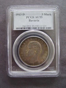 1913-D Bavaria 3 Mark PCGS AU55 - Picture 1 of 1