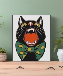 Retro Vintage Halloween Screaming Black Cat w. Bowtie Gothic Cross-Stitch Chart - Picture 1 of 2