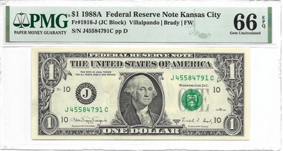 1988A $1 KANSAS CITY FRN. PMG GEM Uncirculated 66 EPQ Banknote. 1st of 2 - Image 1 of 2