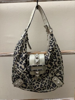 Bolso de Hombro Hobo Vintage Guess Leopardo Lona Cuero Cocodrilo Tachonado, Buen Estado Foto 1 de 4