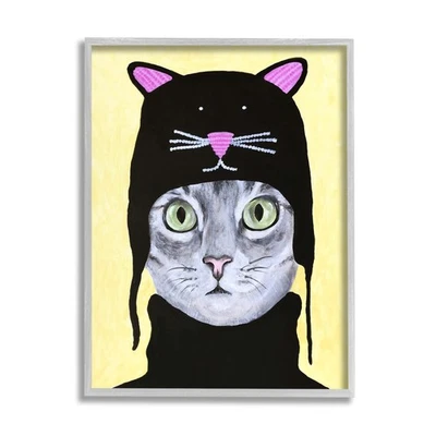 Adorable Grey Cat Hat Black Turtleneck Yellow Background by Coco de Paris - Image 1 of 4