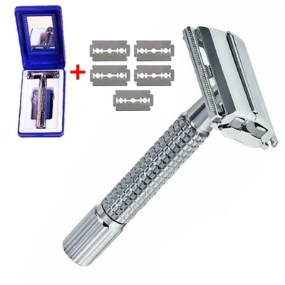 Safety Razor For Men Double Edge Stainless Steel With 5 Blade Mirror Travel Case - Image 1 of 4