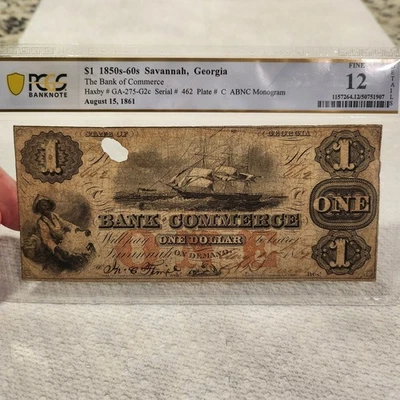 1861 Bank of Commerce Savannah Georgia GA $1 Obsolete Note GA275-G2c  F12 pcgs - Image 1 of 4