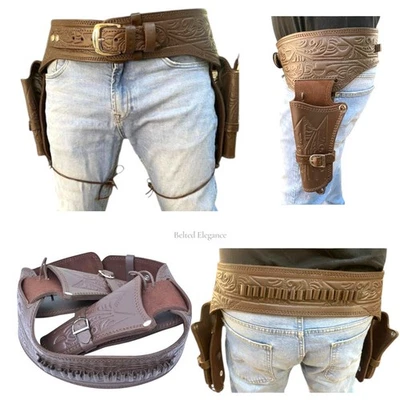 GUN HOLSTER REVOLVER & PISTOL WITH WAIST BELT GENUINE BROWN LEATHER COWBOY STYLE - Image 1 of 4