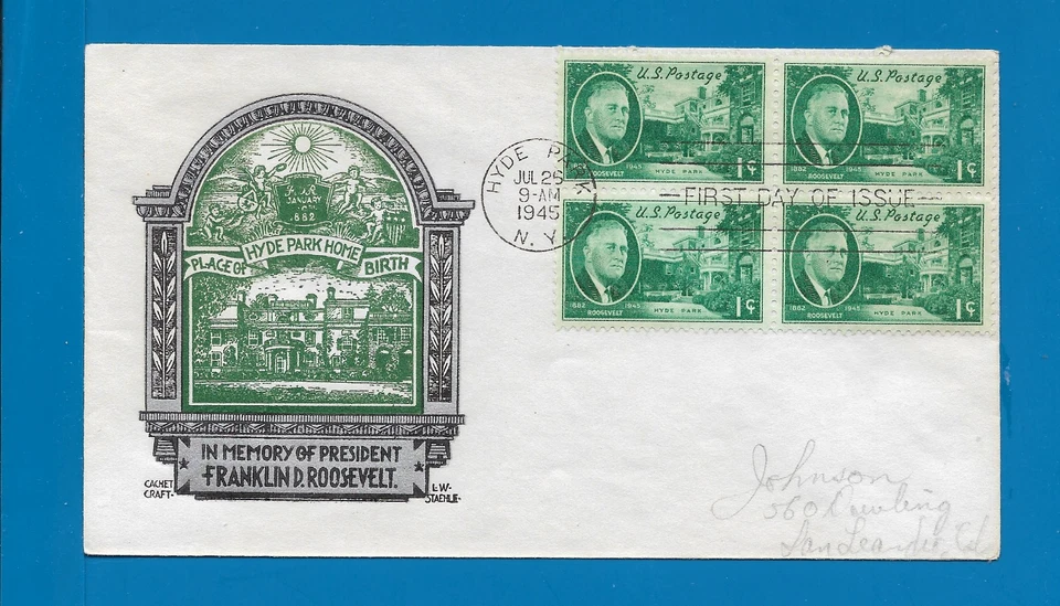 Scott 930 Franklin Roosevelt BL4 Jul 26, 1945 Staehle FDC Lot3 - Image 1 of 1