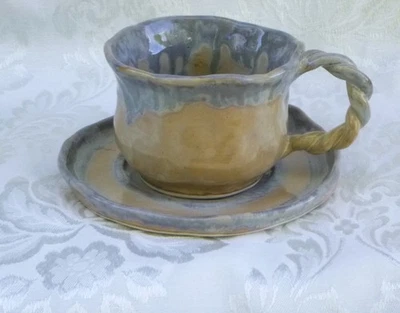 Unique Quirky Organic Hand Made Pottery Cup & Saucer *Twisted Handle *Signed F+F - image 1 of 4