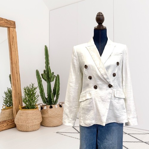 OFF WHITE Giacca blazer doppiopetto MAGASCHONI donna S misto lino bianco sporco