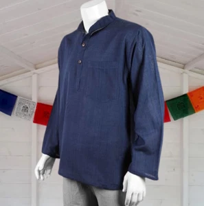 Nepalese Plain Colour Shirt | Navy Cotton Grandad Hippie shirt - Picture 1 of 1