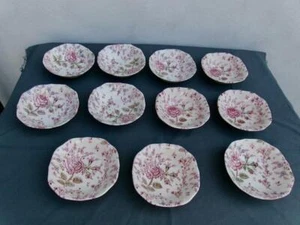 JOHNSON BROTHERS *PINK ROSE CHINTZ*  SQUARE CEREAL BOWLS  ( LOT OF 11 ) UNUSED - Picture 1 of 5