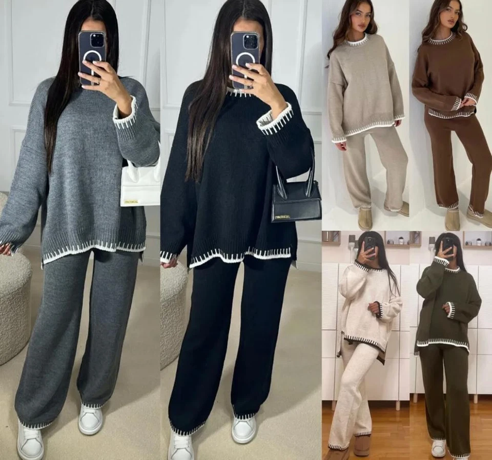 Womens Knitted Lounge Wear Ladies Wide Leg Palazzo Top Trousers Tracksuit Set - Image 1 of 1