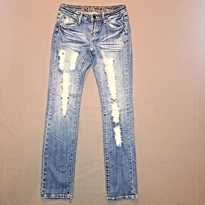 Womens Hybrid & Co Jeans Low-Rise Distressed Rhinestones Studs BLING 27x32 Sz 0 - Picture 1 of 19