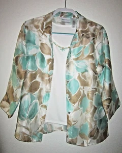 Alfred Dunner Two Piece Lt Weight Aqua & Brown Jacket & White Tank Top 14P NWOT - Picture 1 of 7