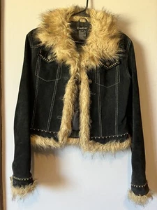 Vintage BEBE Jacket Black Faux Fur Penny Lane Size XS SEXY Y2K Suede - Picture 1 of 9