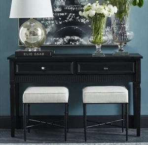 New! Natural Linen Upholstered Stool Ottoman Iron Matt Black Legs Vanity Bedroom - Picture 1 of 5