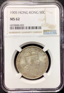 1905 Hong Kong Silver 50c NGC MS62 Freshly Graded Original Lustre ENN Coins - Picture 1 of 2