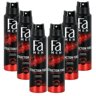 6x 150ml Fa Men Attraction Force Deodorant & Bodyspray 0% ALU verführerisch
