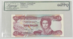 1984 Bahamas Central Bank 3 $ Dollar (1974) Commemorative Legacy Gem Neu 66PPQ - Bild 1 von 3