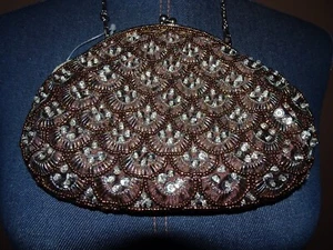Unbranded Brown Beaded Kiss Lock Clasp Closure Small Evening Clutch Bag NWT - Picture 1 of 4