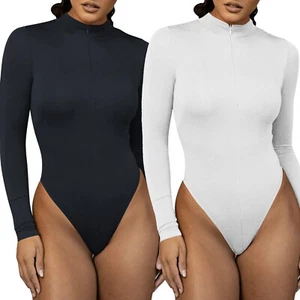 Women Long Sleeve Elegant Bodysuit Tops Sexy Long Sleeve Bodysuits with Zipper - Picture 1 of 15