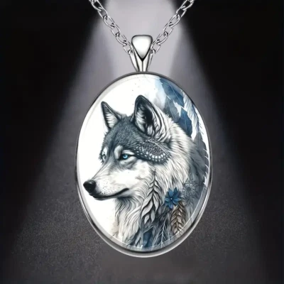 椭圆形狼奖章珠宝复古银色自然狼吊坠项链 — 第 1/4 张图片