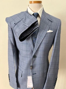 Light blue plaid reverse peak super 150 Cerruti wool suit - Picture 1 of 3