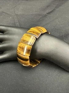 Heavy Multi Tone Tigers Eye Stone Stretch Bangle Bracelet 1" Wide - Picture 1 of 11
