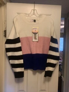 LOVE BY DESIGN LYDIA STRIPE CREW NECK SWEATER PULL OVER Pink/Ivory/Blue L NWT. - Picture 1 of 6