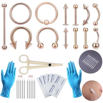 Juego de 46 piezas de acero inoxidable para piercing de cejas y labios nariz oreja herramienta de aguja perforadora Foto 1 de 4