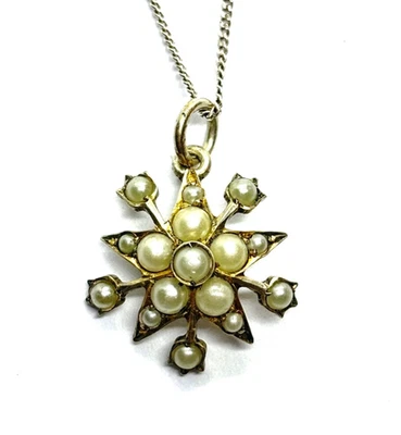 Small Antique Victorian Sterling Silver  Seed Pearls Starburst Pendant Necklace - Image 1 of 4