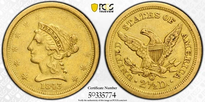 1843-O PCGS XF40 $2.5 Gold Liberty Small date - Image 1 of 4
