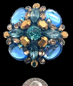 Wunderschöne signierte Österreich Blau Cabochon Brosche Metallic Gold & Aqua Strass - Bild 1 von 3