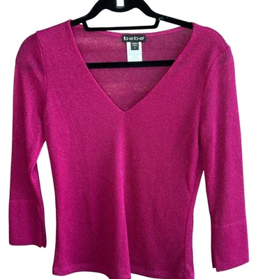 Bebe Vintage Fuchsia Metallic V Neck Sweater Size Large - Image 1 of 4