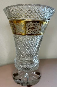 Vintage Moser Art Crystal Cut Vase Gold Gilt Cut To Clear Flowers - Picture 1 of 5