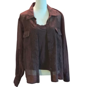 Elementz 2 pc Semi-Sheer Brown Textured Roll-tab Blouse Laced Cami Women's XL - Picture 1 of 19